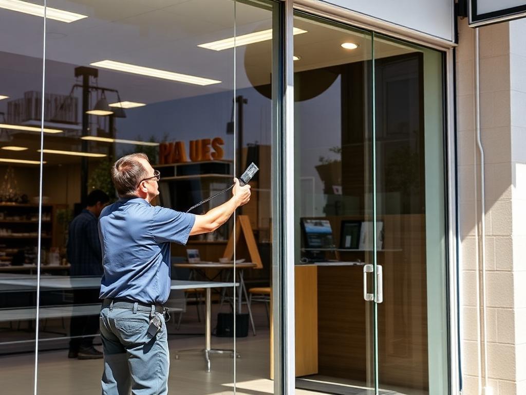 Close-up of storefront glass reinforced with security film