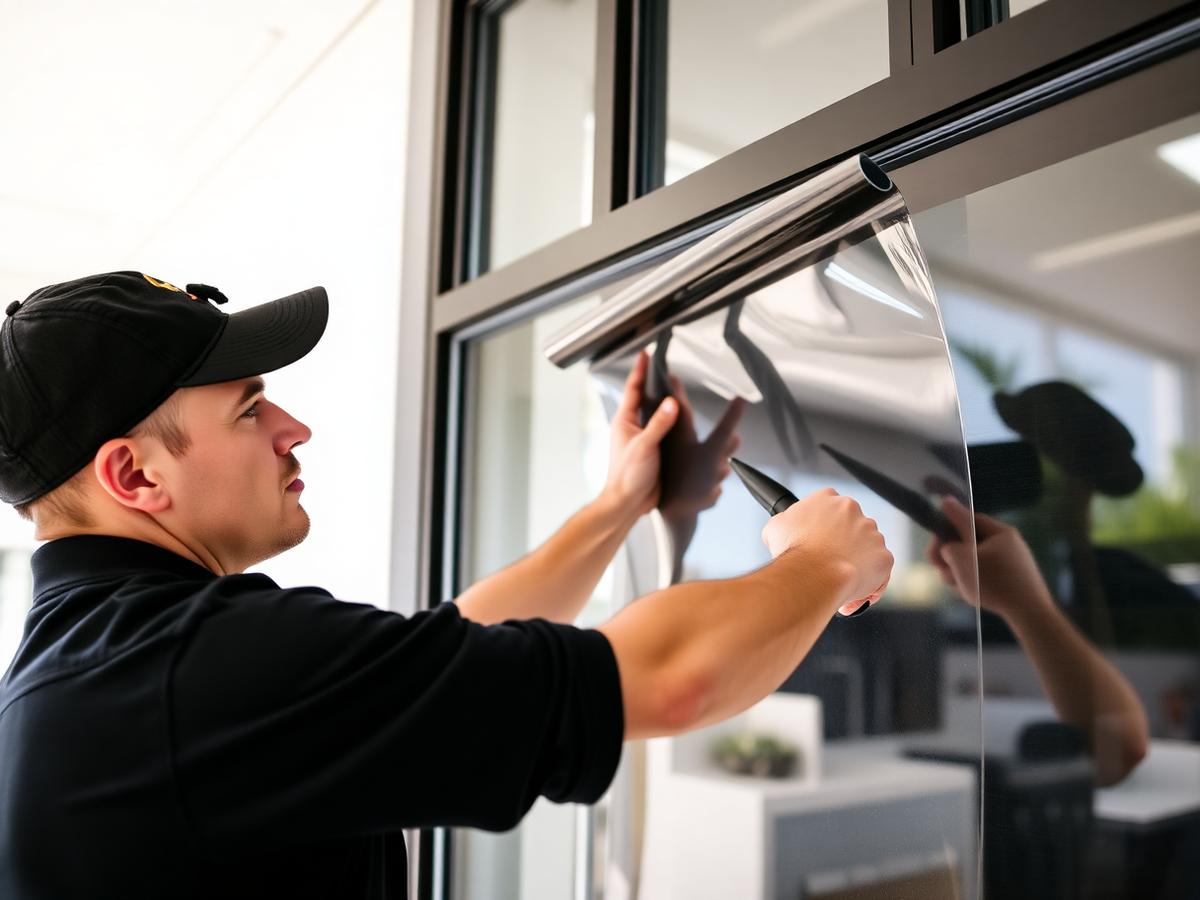 TWT certified installer applying window film to commercial glass